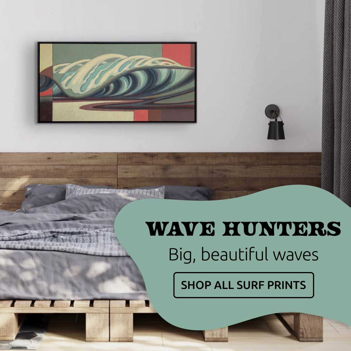 Untidy bed and wave print over the wall- PNW Artist