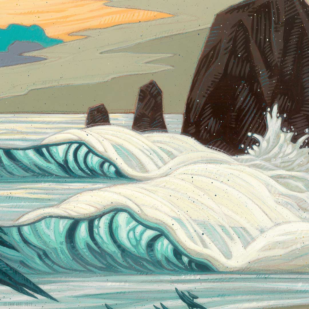 Detailed shot of the Captivating surf art capturing the power of stormy waves. PNW surf art print by Erik Abel.