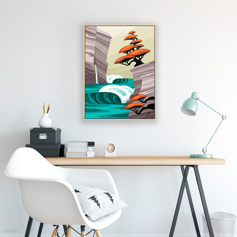 Bonsai Paradise a Tropical surf art print by Erik Abel showcased in a office