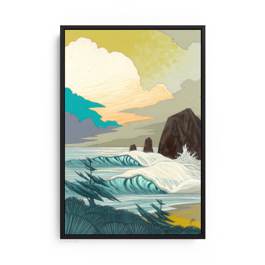 Black Frame Captivating surf art capturing the power of stormy waves. PNW surf art print by Erik Abel.