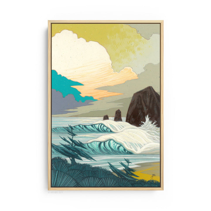 Natural wood frame Captivating surf art capturing the power of stormy waves. PNW surf art print by Erik Abel.