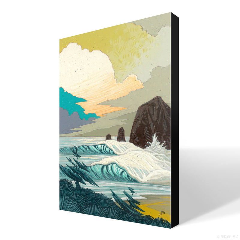 3D view of the Captivating surf art capturing the power of stormy waves. PNW surf art print by Erik Abel.