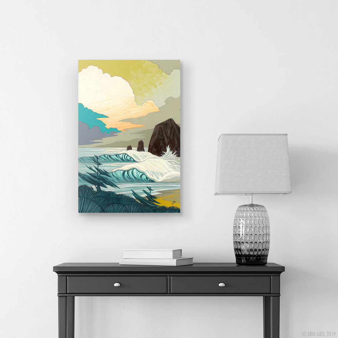 Captivating surf art capturing the power of stormy waves. PNW surf art print by Erik Abel. Shown in a room
