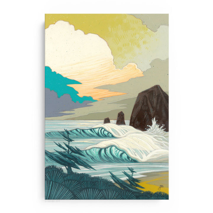  Captivating surf art capturing the power of stormy waves. PNW surf art print by Erik Abel.