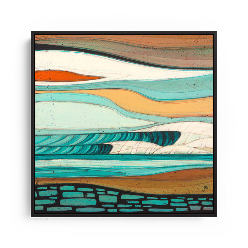 black frame Cloudy PNW surf art print by Erik Abel.
