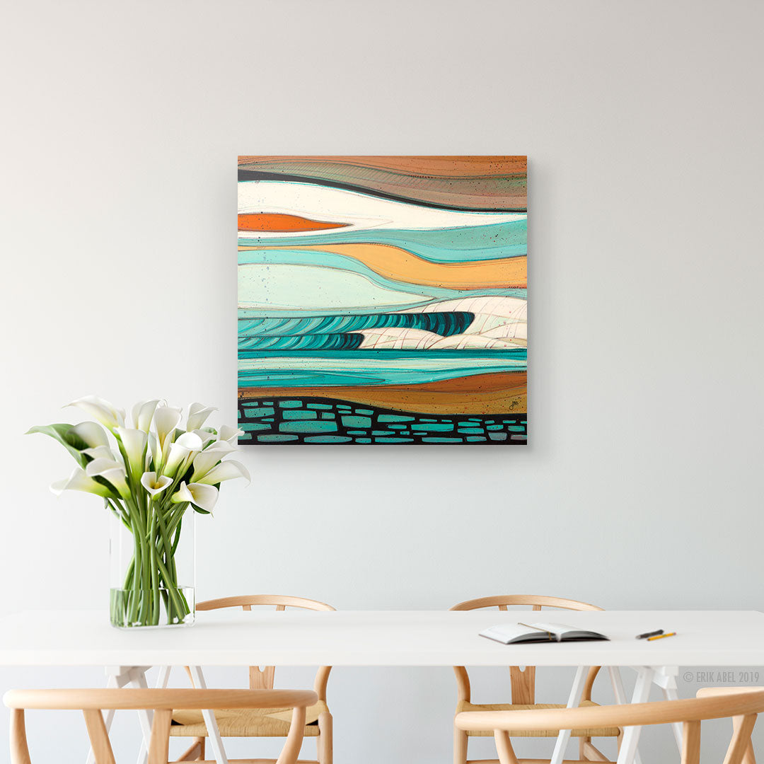 Cloudy PNW surf art print by Erik Abel, Showcased on a dinning room