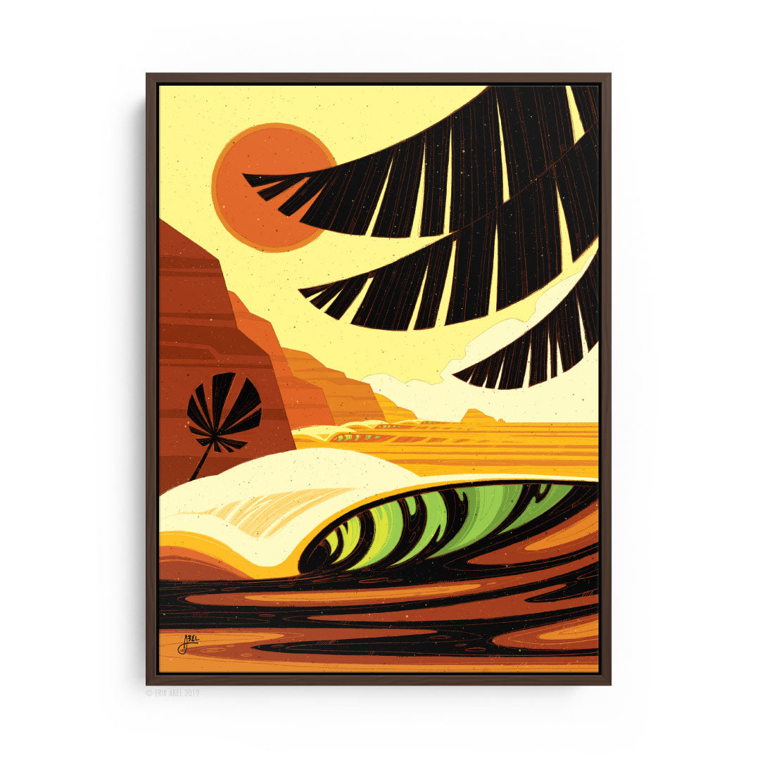 brown frame Glow with the Flow a Tropical surf art print by Erik Abel.