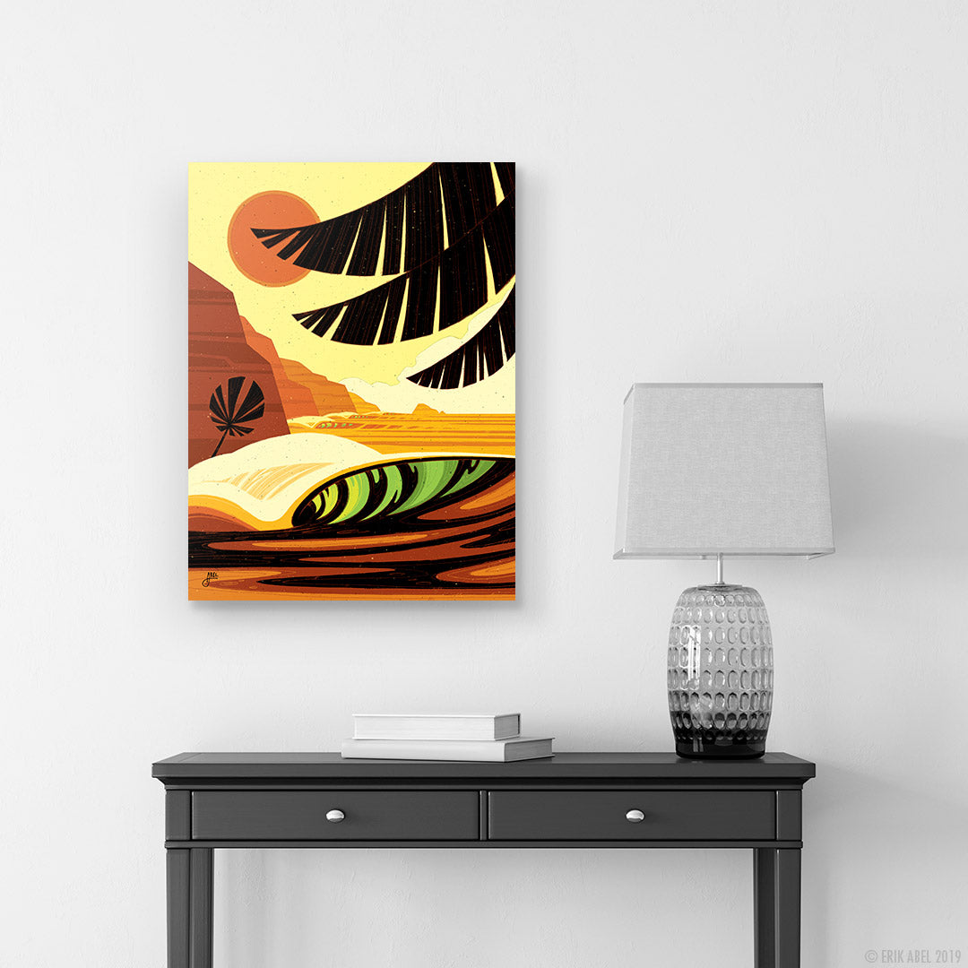 Tropical surf art print by Erik Abel showcased in a room