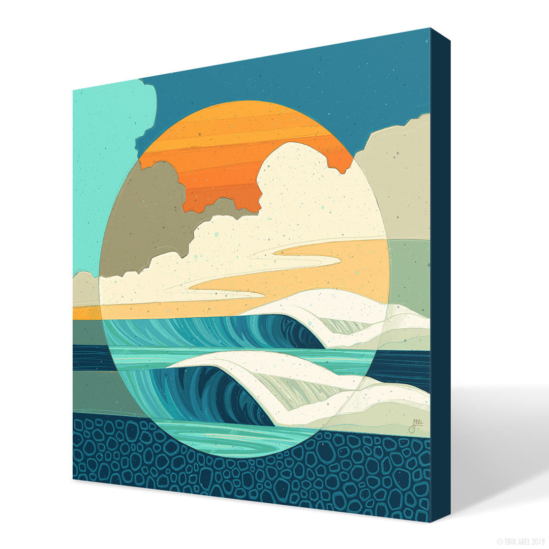 Captivating Surf art by Erick Abel features a vibrant scene of surfers catching waves. Shown in a 3D model