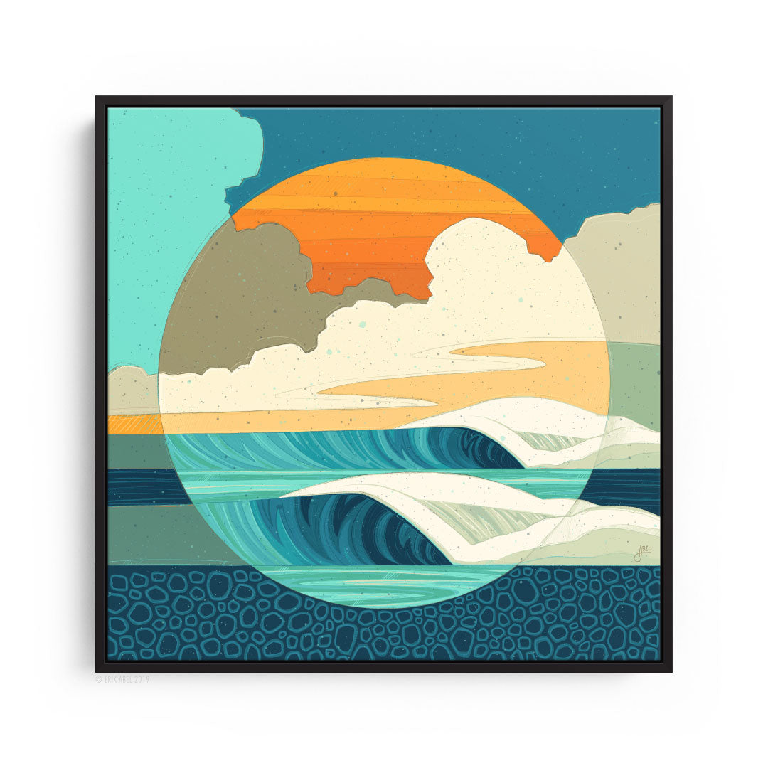 Captivating Surf art by Erick Abel features a vibrant scene of surfers catching waves. Shown in Front view with frame
