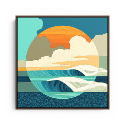 Captivating Surf art by Erick Abel features a vibrant scene of surfers catching waves. Shown with a brown frame