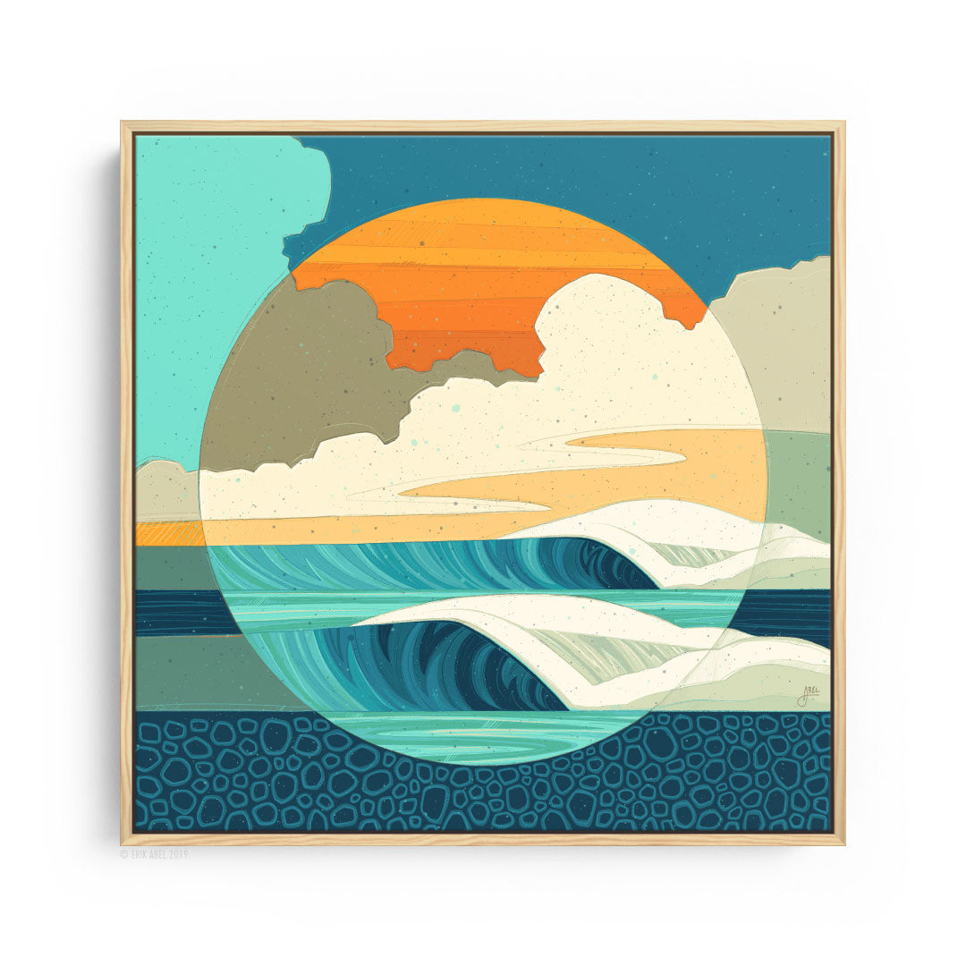 Captivating Surf art by Erick Abel features a vibrant scene of surfers catching waves. Shown in a natural wood frame