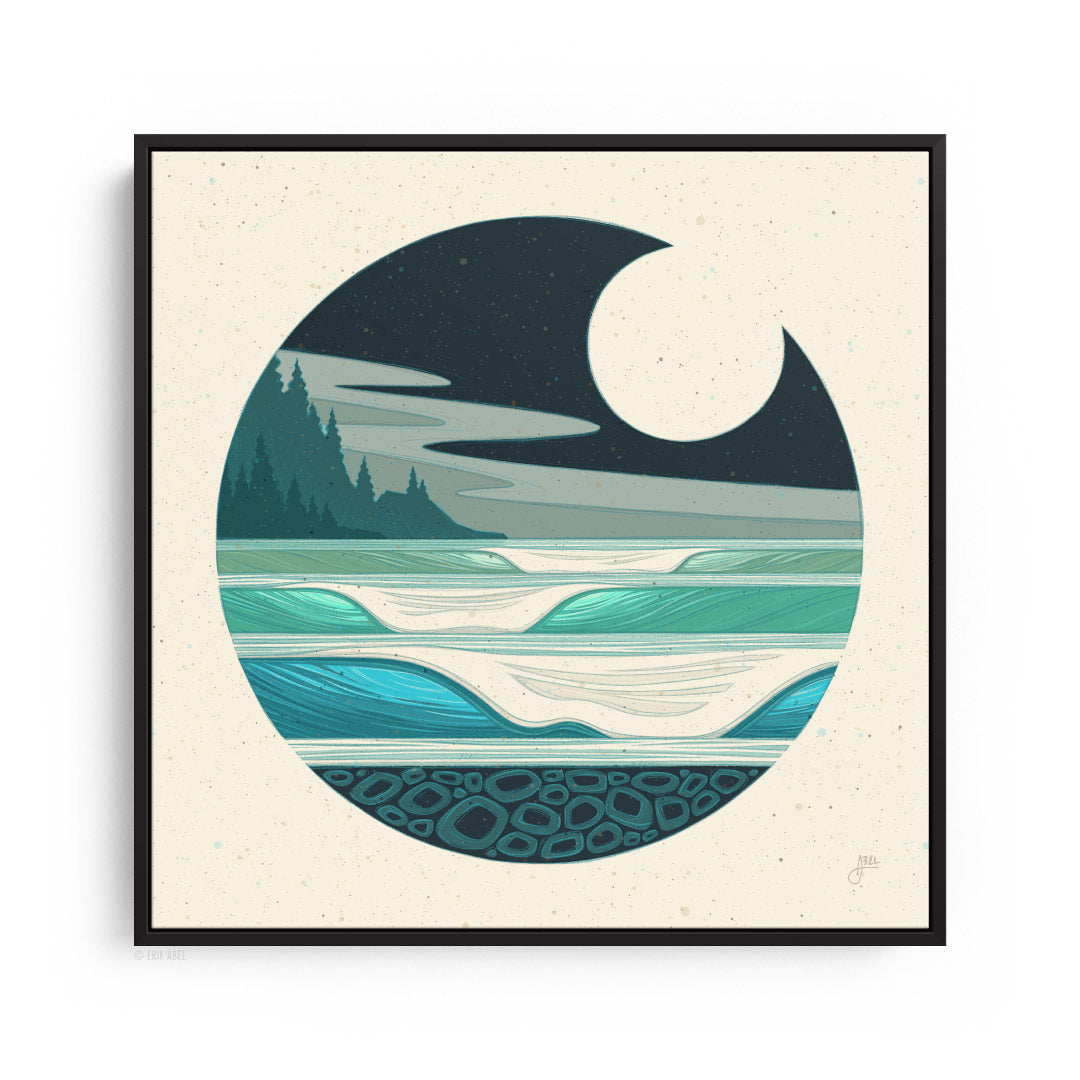Black frame Captivating Sunset surf art featuring a stunning moonlit ocean view. 