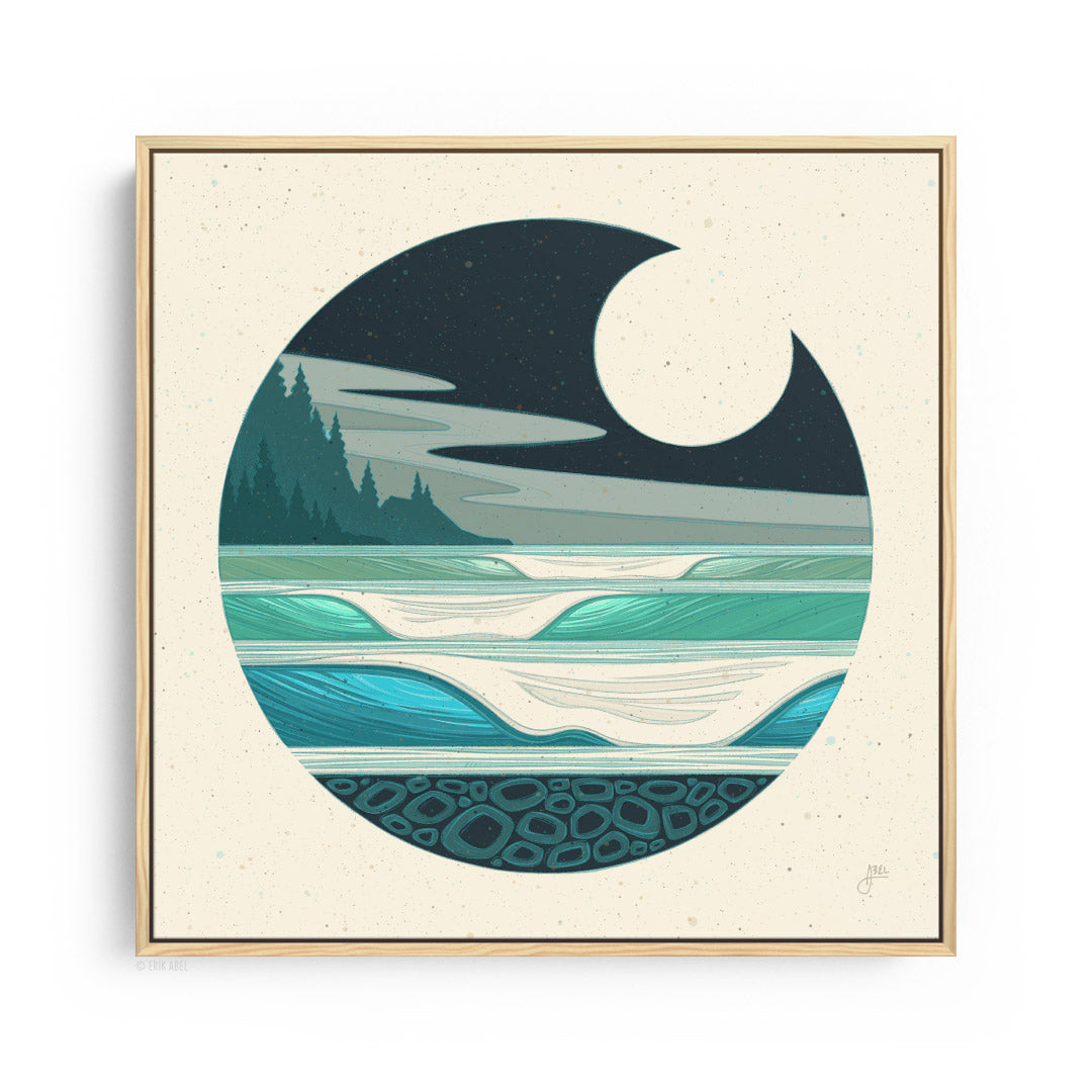 Natural wood frame Captivating Sunset surf art featuring a stunning moonlit ocean view.