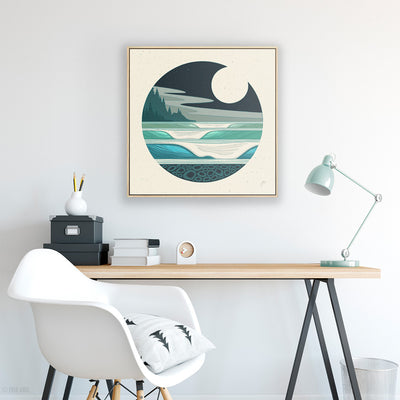 Captivating Sunset surf art featuring a stunning moonlit ocean view, shown in an office view