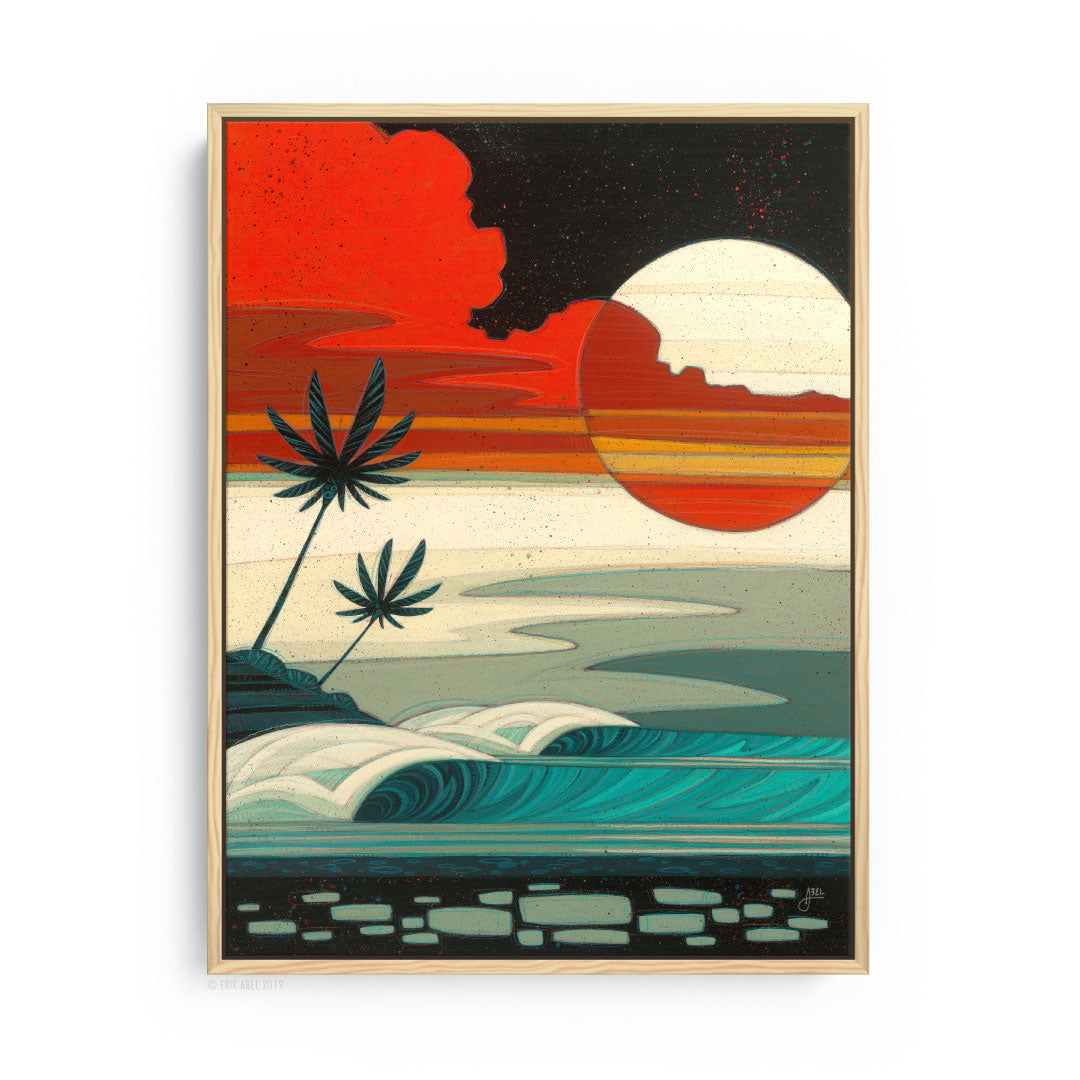 natural wood frame Tropical surf art print by Erik Abel.