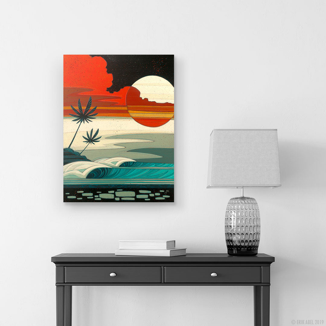 Tropical surf art print by Erik Abel showcased in a room