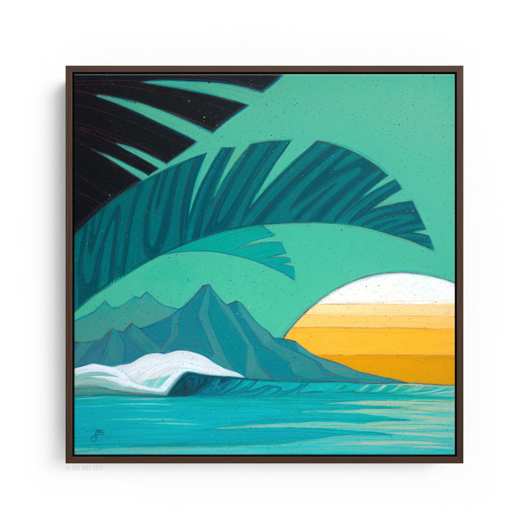 Brown frame Captivating surf art featuring tropical waves.