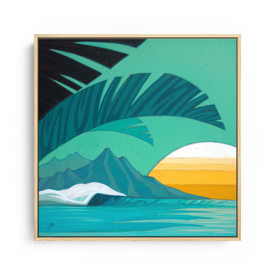 Natural Wood frame Captivating surf art featuring tropical waves.