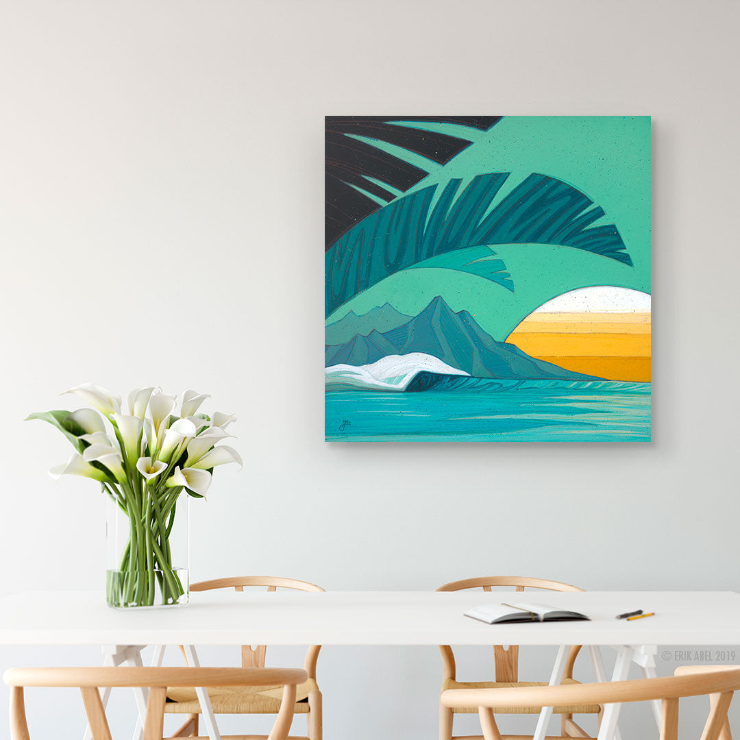 Captivating surf art featuring tropical waves. Shown in a dinning room