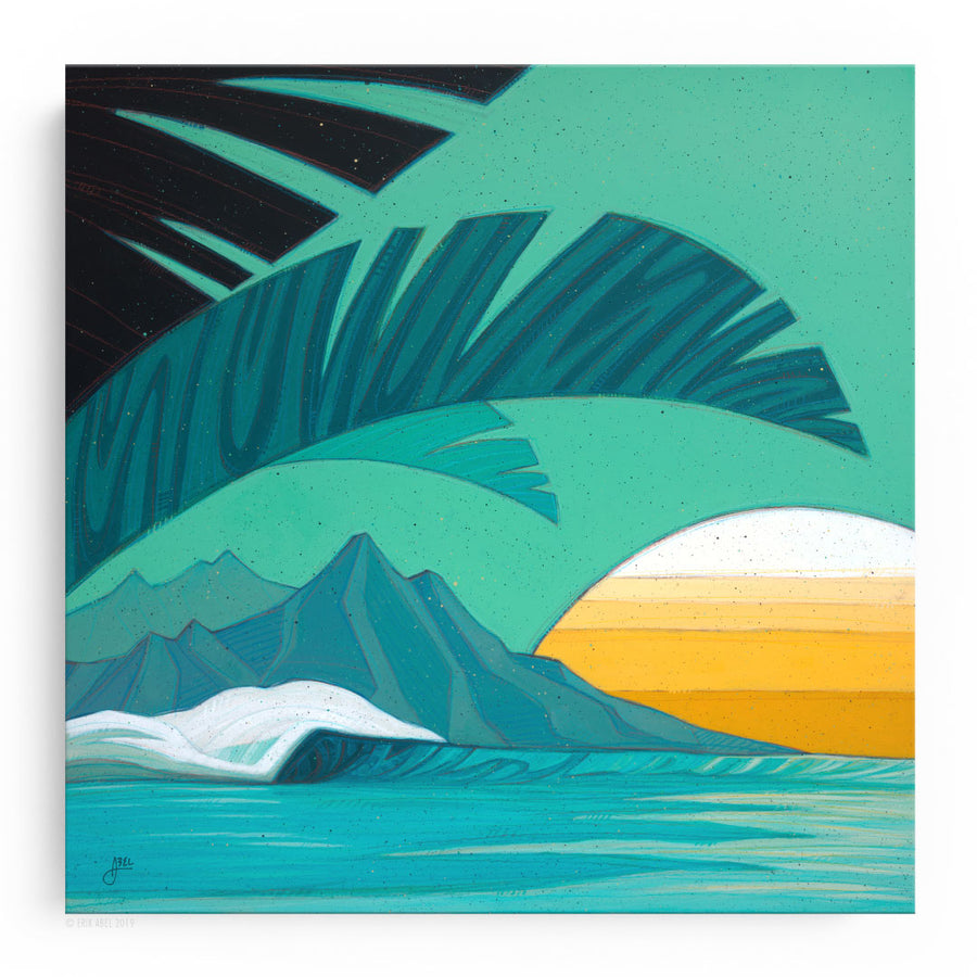 Captivating surf art featuring tropical waves.