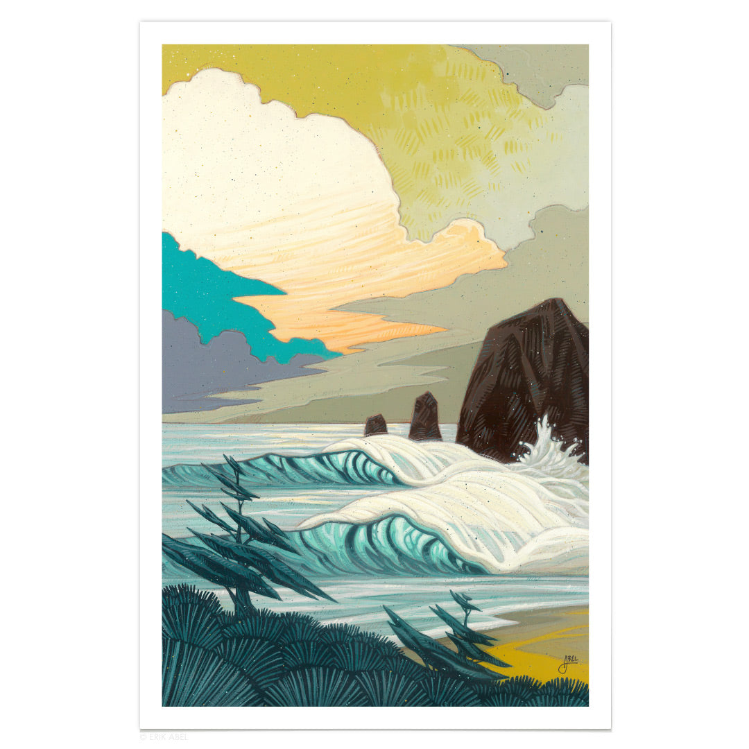 Captivating surf art capturing the power of stormy waves. PNW surf art print by Erik Abel.