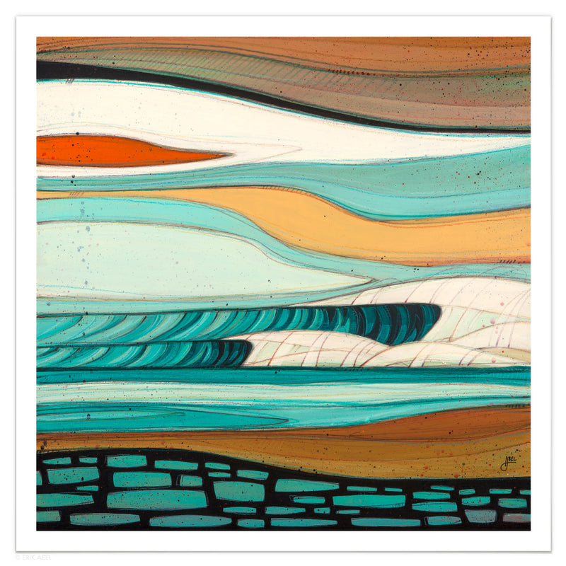 Cloudy PNW surf art print by Erik Abel.