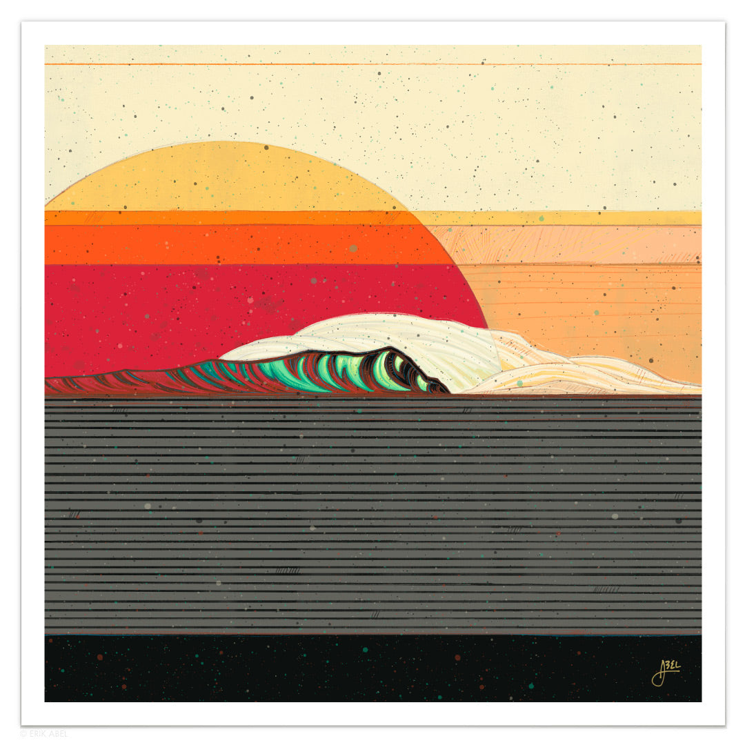 Captivating Sunset surf art by Erik Abel showcasing breathtaking, colorful ocean views.