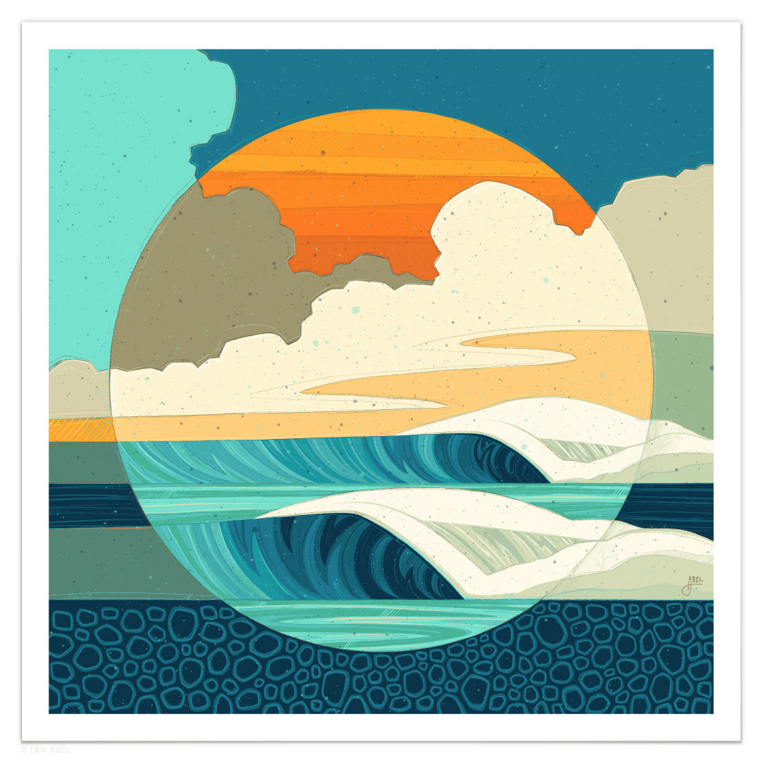 Captivating Surf art by Erick Abel features a vibrant scene of surfers catching waves.