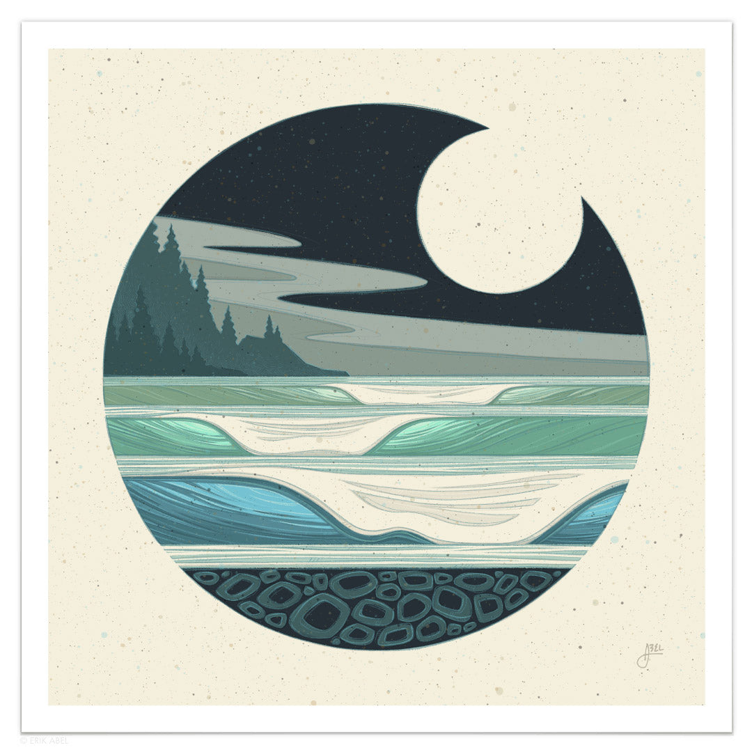 Captivating Sunset surf art featuring a stunning moonlit ocean view.