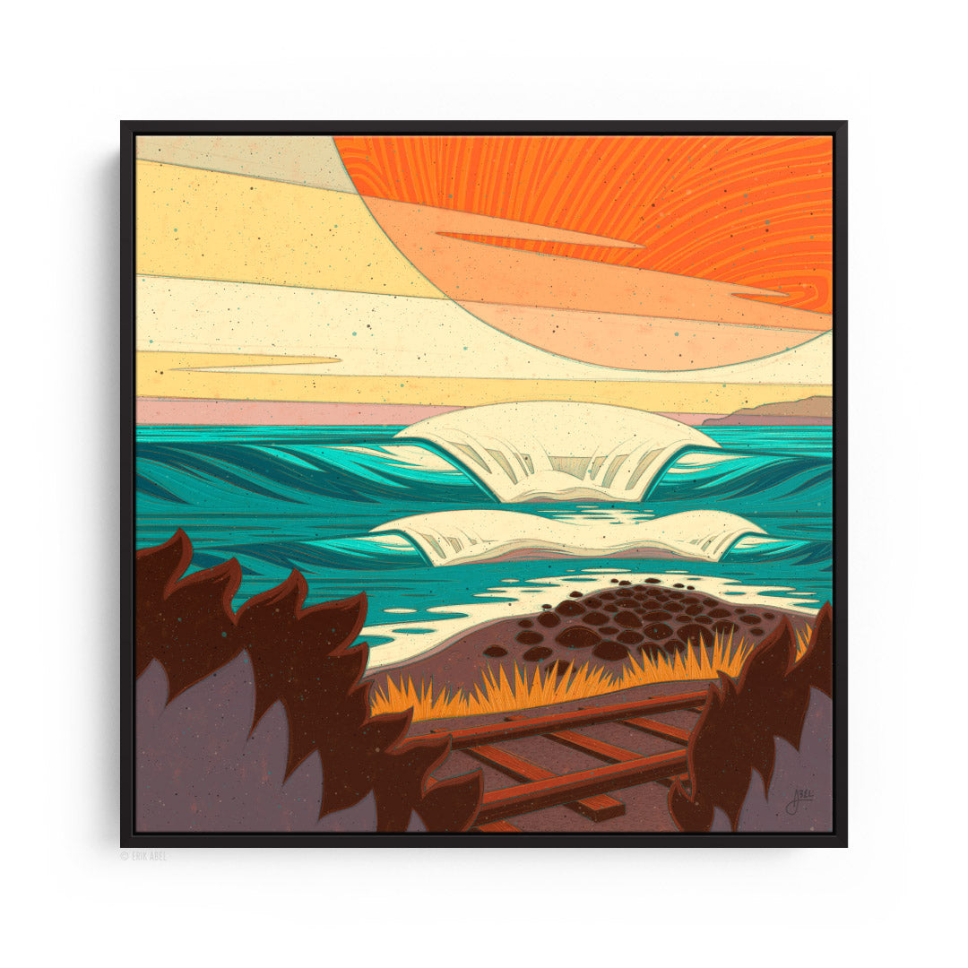 Black frame Captivating surf art featuring iconic waves at Trestles in Canva