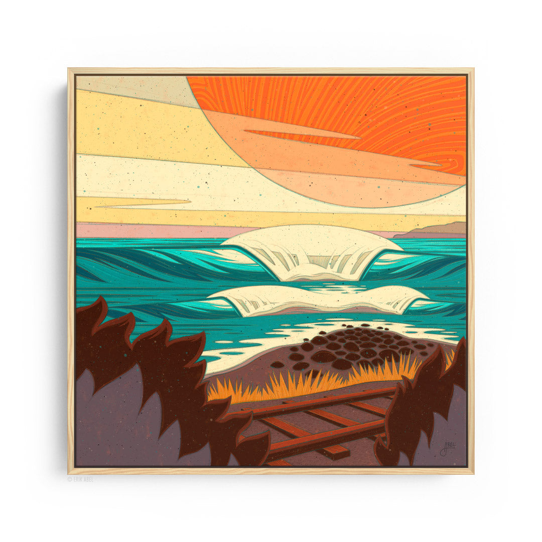 Natural wood frame Captivating surf art featuring iconic waves at Trestles in Canva