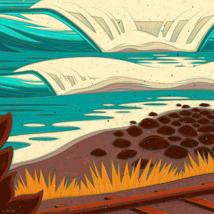Detailed shot of a Captivating surf art featuring iconic waves at Trestles in Canva