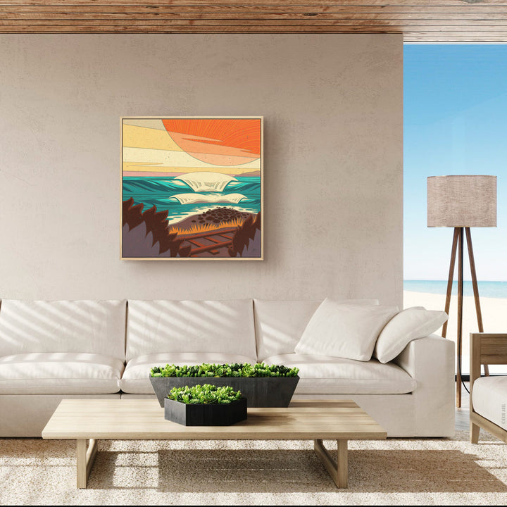 Captivating surf art featuring iconic waves at Trestles in Canva shown in a living room