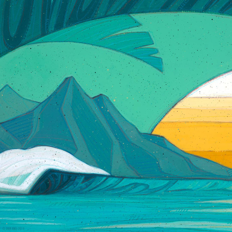 Detailed shot of a Captivating surf art featuring tropical waves.