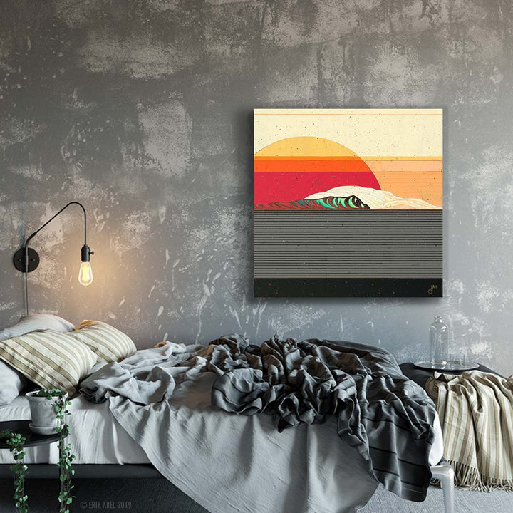 Captivating Sunset surf art by Erik Abel showcasing breathtaking, colorful ocean views. showcased on a bedroom